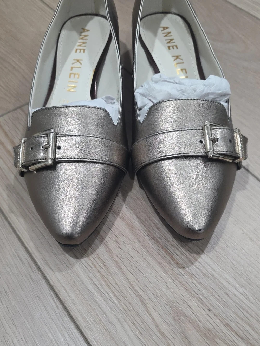 Anne Klein Metallic Pewter Pointed-Toe Buckle Pumps